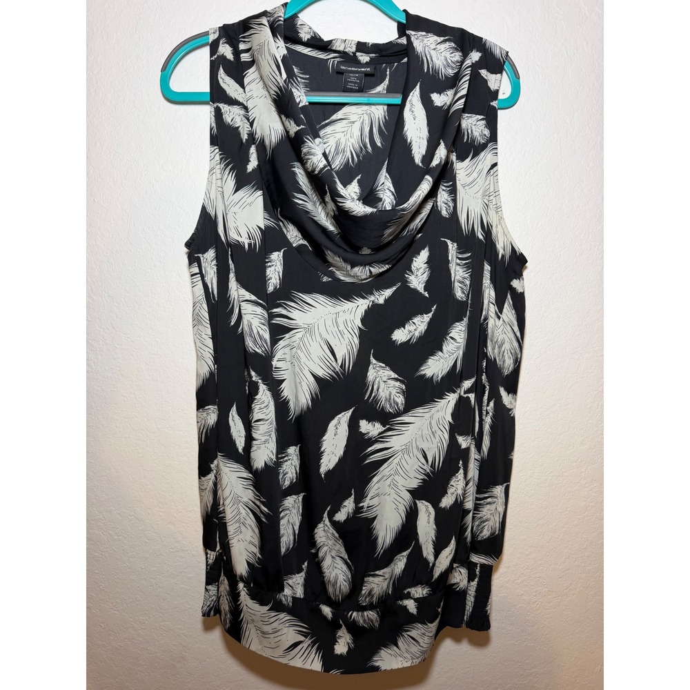 Lane Bryant Black White Feather Print Cowl Neck Smocked Hem Blouse 14/16